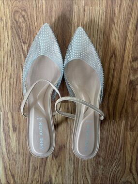 Anne Klein Nude-Beige Pointed Toe Slingback Flats with Rhinestones